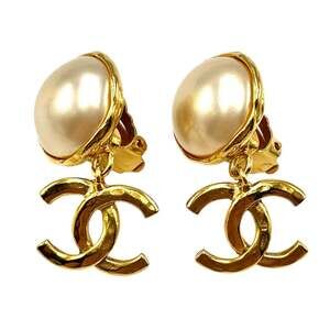 CHANEL Authentic Gold Pearl Logo Earrings